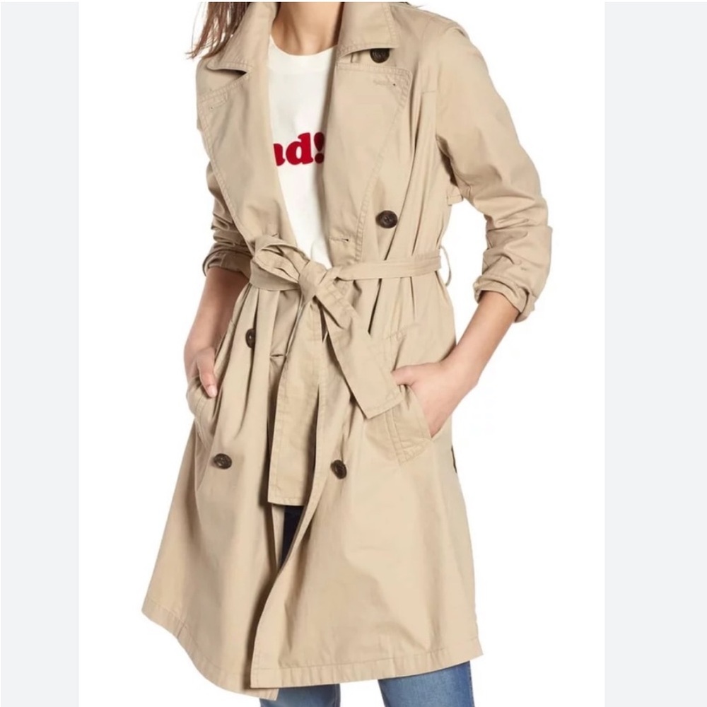 Madewell Abroad Trench Coat camel tan pea coat jacket tie belted utility cargo M